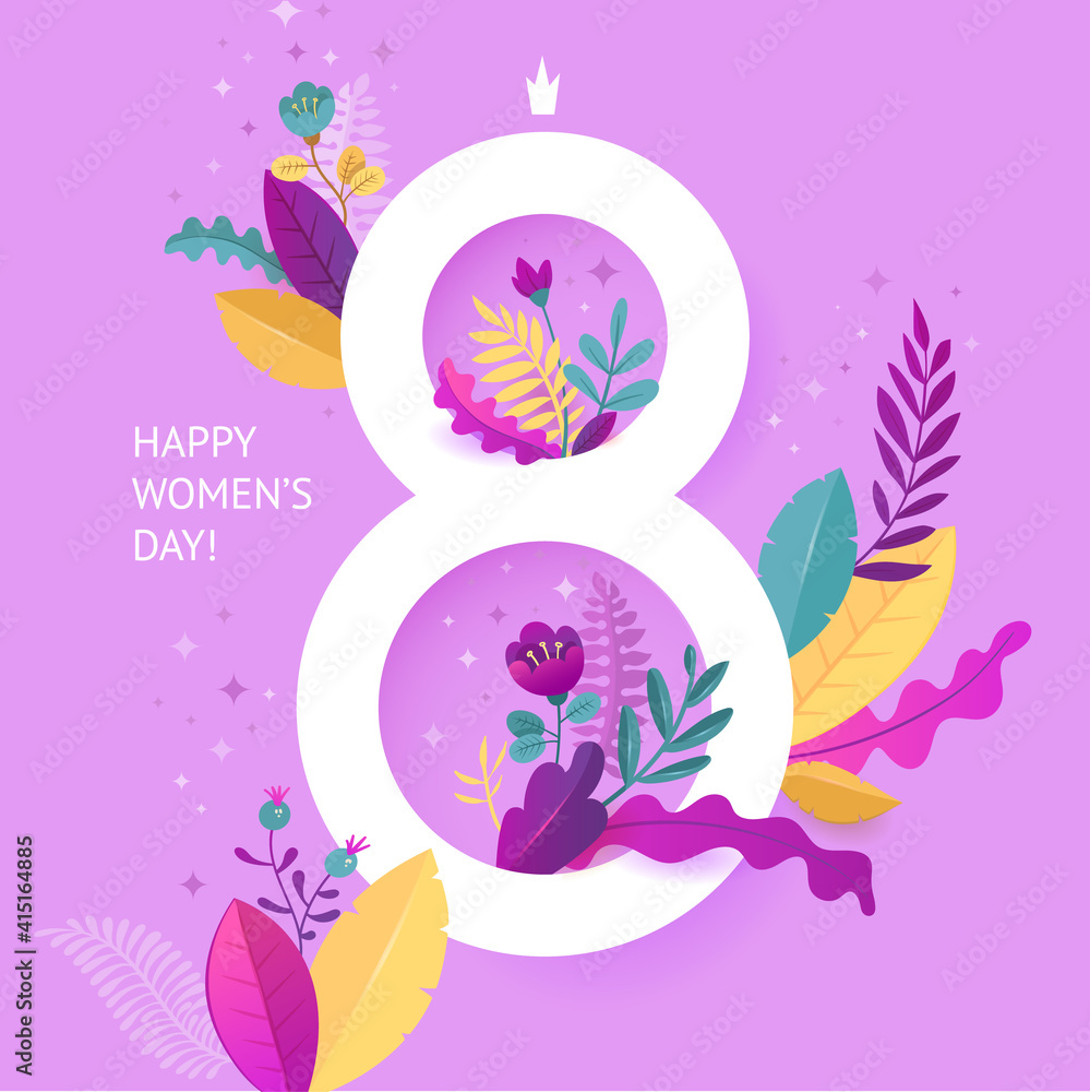 International Womens Day. March 8 banner with floral decor. Cut paper with a pattern of spring plants, leaves and flowers. Template for a poster, cards, banner Vector illustration