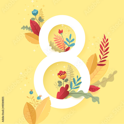 Fototapeta Naklejka Na Ścianę i Meble -  International Womens Day. March 8 banner with floral decor. Cut paper with a pattern of spring plants, leaves and flowers. Template for a poster, cards, banner Vector illustration