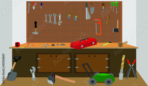 Flat design tools room, room for technician that so much tools in this room ,Workplace of technician with working tools. (Vector cartoon illustration)