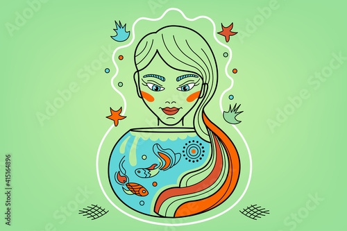 Pisces Constellation, zodiac sign, Fish lover girl with aquarium, tank on a green background. Vector illustration, logo.