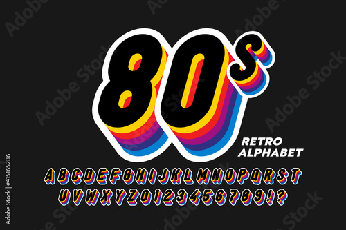 80's style colorful retro 3D font, alphabet letters and numbers