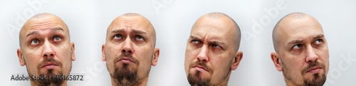panorama of male faces with beard and bald, different expressions of emotions