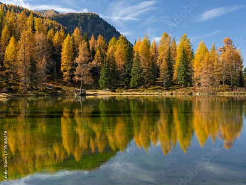 Lago San Pellegrino (Lech de San Pelegrin) during fall at Passo San Pellegrino in the Dolomites. Italy. © Danita Delimont