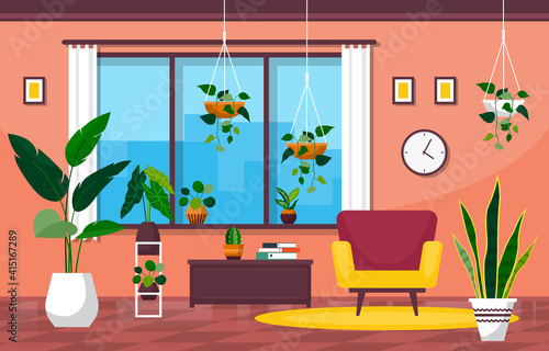 Tropical Houseplant Green Decorative Plant in Living Room Illustration