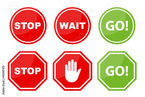 Sign stop, go and wait isolated on white background. Collection traffic signs. Vector illustration.