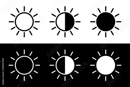 Screen brightness sun icon. Brightness contrast sign for apps and websites. Contrast level icons in flat style. Vector illustration. 