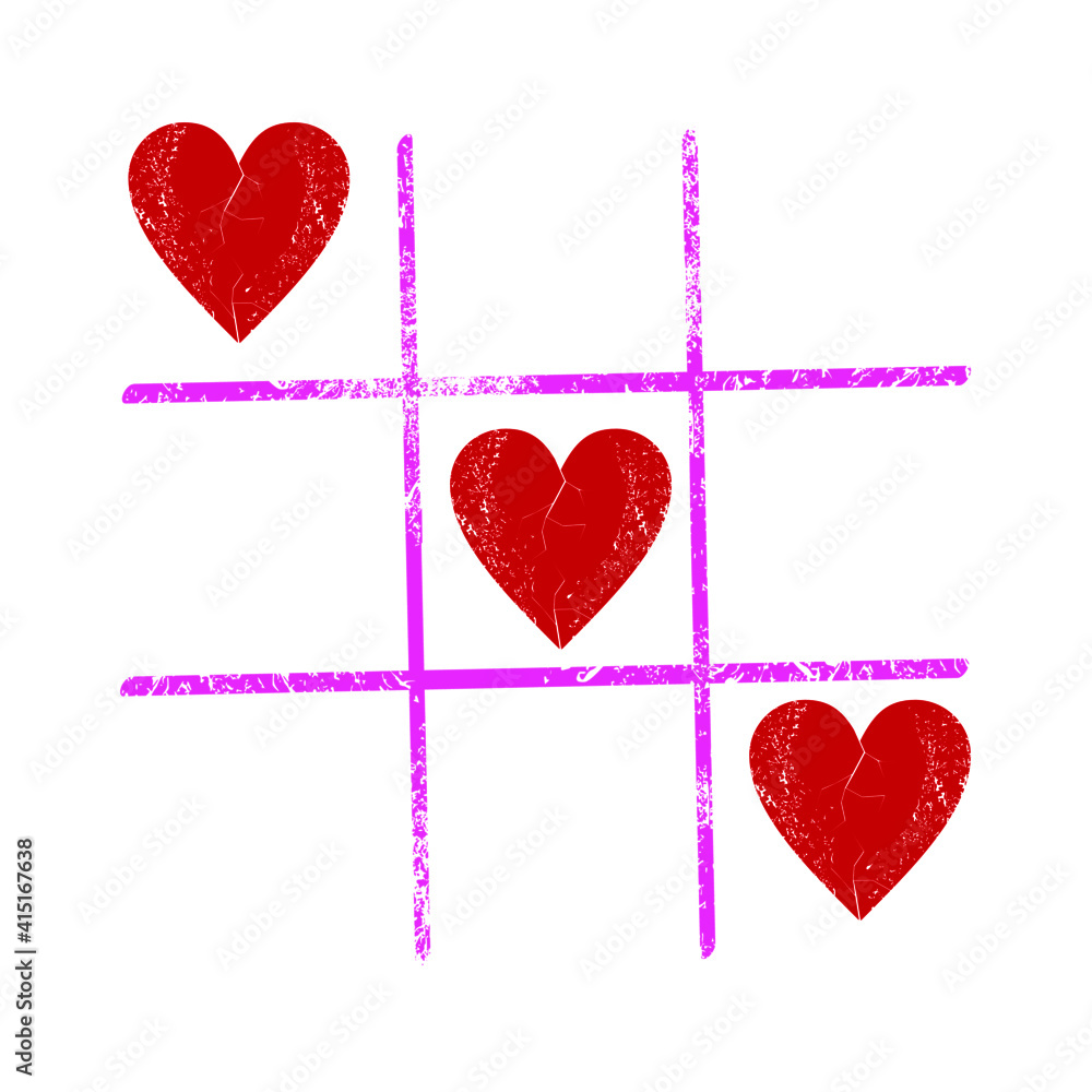Vector illustration of a tic tac toe game formed by red hearts isolated