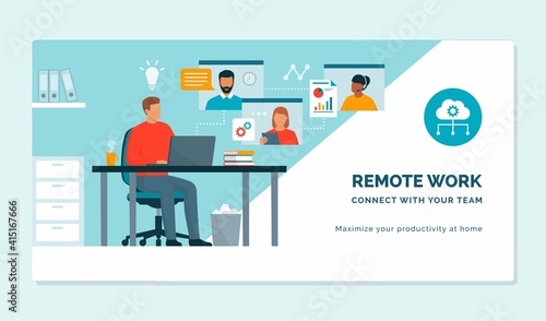 Businessman having a conference call with his remote team