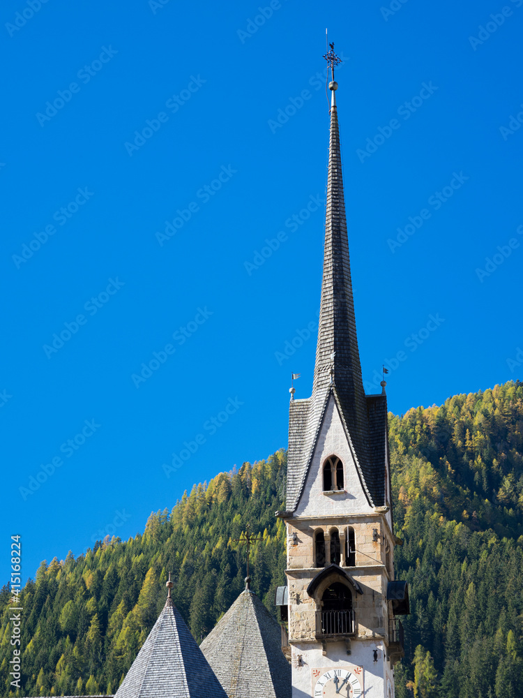 Church San Vigilio. Moena in valley Val di Fassa in the Dolomites. Italy.