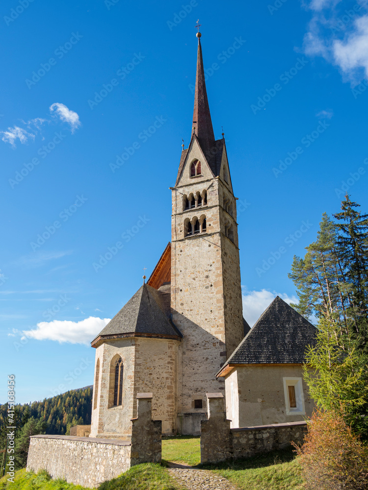 Church San Giuliana. Vigo di Fassa (Vich) in valley Val di Fassa in the Dolomites. Italy.