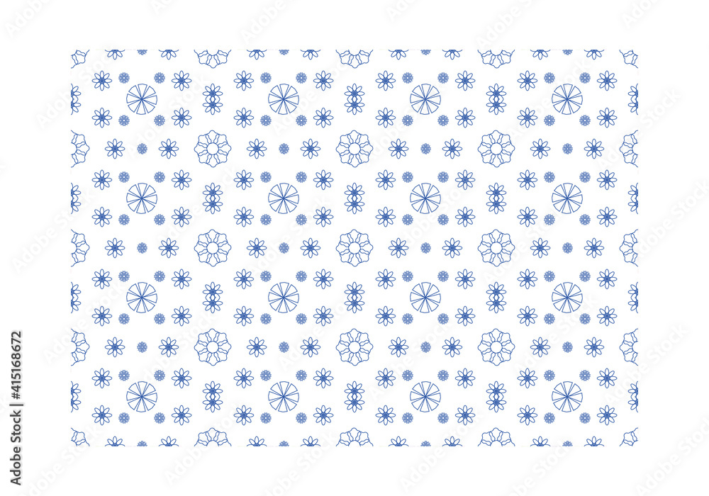 Patrón de trazados de flores y figuras en tono azul sobre fondo blanco