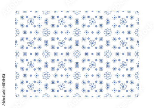 Patrón de trazados de flores y figuras en tono azul sobre fondo blanco
