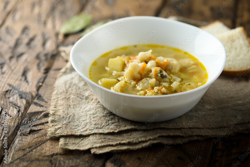 Homemade fish soup with vegetables