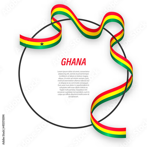 Waving ribbon flag of Ghana on circle frame. Template for independence day poster