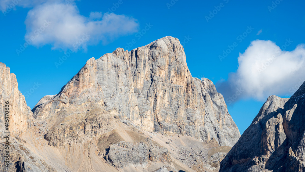 Marmolada from Val Contrin in the Fassa Valley. Marmolada mountain range in the Dolomites of Trentino. Dolomites are part of the UNESCO World Heritage Site.