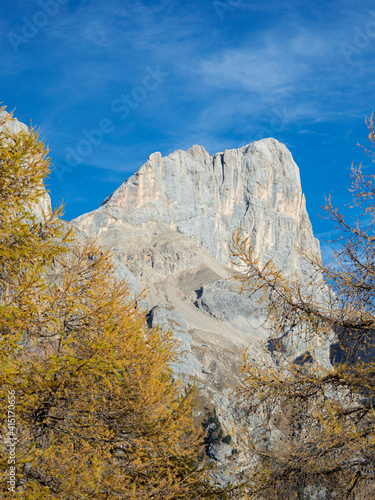 Marmolada from Val Contrin in the Fassa Valley. Marmolada mountain range in the Dolomites of Trentino. Dolomites are part of the UNESCO World Heritage Site. photo