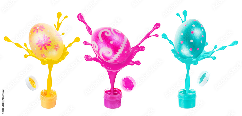 Three multicolored easter painted eggs and paints. Festive Easter eggs with splashes of paint in air on white background. Clipping path. Three multicolored easter painted eggs and paints. Festive Easter eggs with splashes of paint in air on white background. Clipping path.