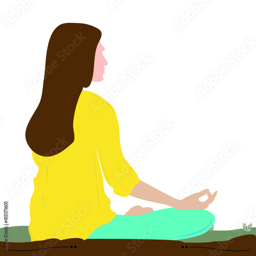 A woman sitting on the sand and doing meditation on the beach. Woman Meditation side angle/ side pose. Yoga pose. Meditation Pose. Meditation Yoga Digital Art Illustration
