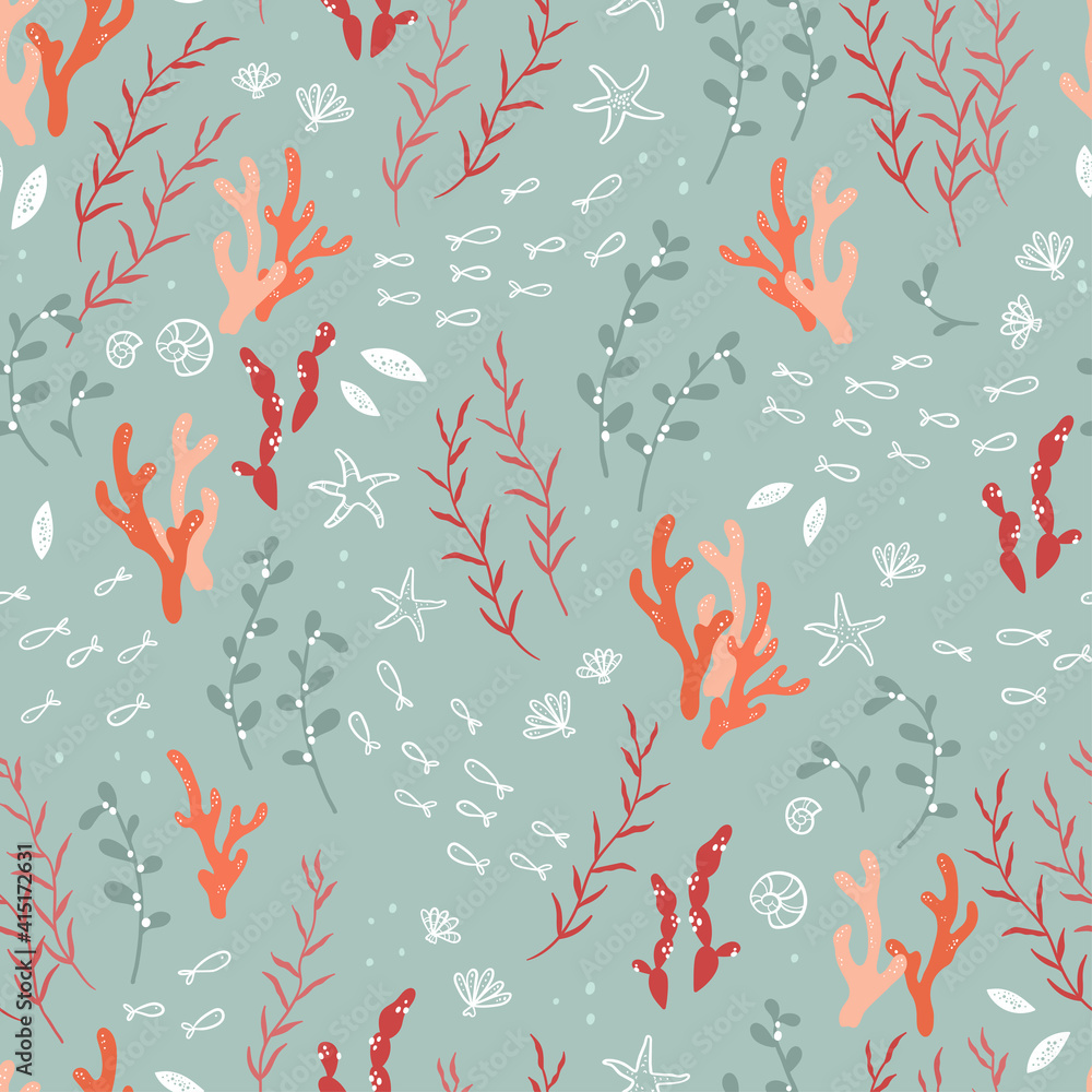 Fun hand drawn underwater seamless pattern, cute fish swarms, seaweed, corals and decoration - great for banners, wallpapers, textiles, wrapping - vector design