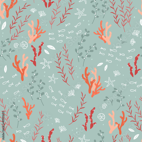 Fun hand drawn underwater seamless pattern, cute fish swarms, seaweed, corals and decoration - great for banners, wallpapers, textiles, wrapping - vector design