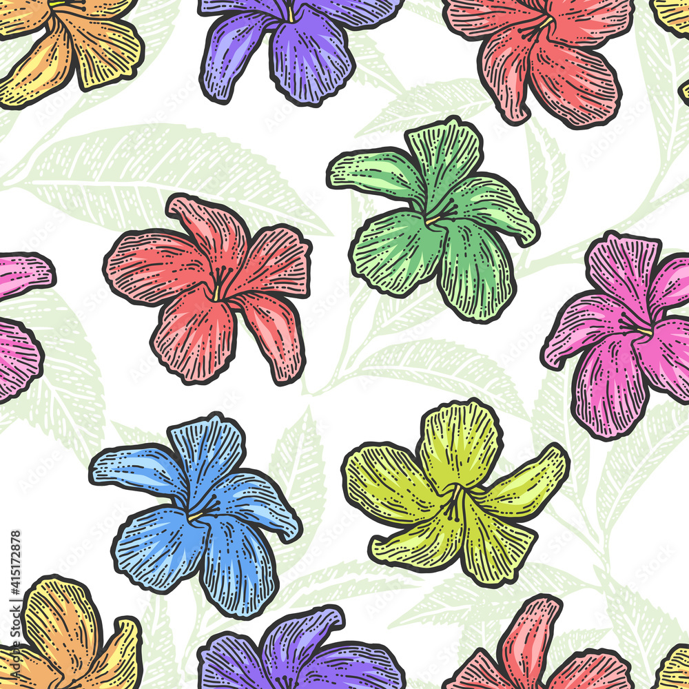 Flowers hibiscus, bouquet seamless. Scratch board imitation. Flowers hibiscus, bouquet seamless. Scratch board imitation.