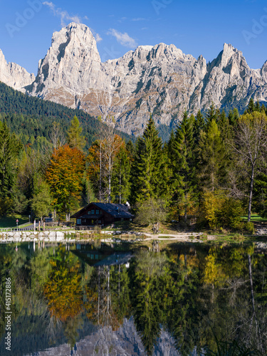 Lago Welsperg. Valle del Canali in the mountain range Pale di San Martino, part of UNESCO World Heritage Site Dolomites, in the dolomites of the Primiero, Italy.