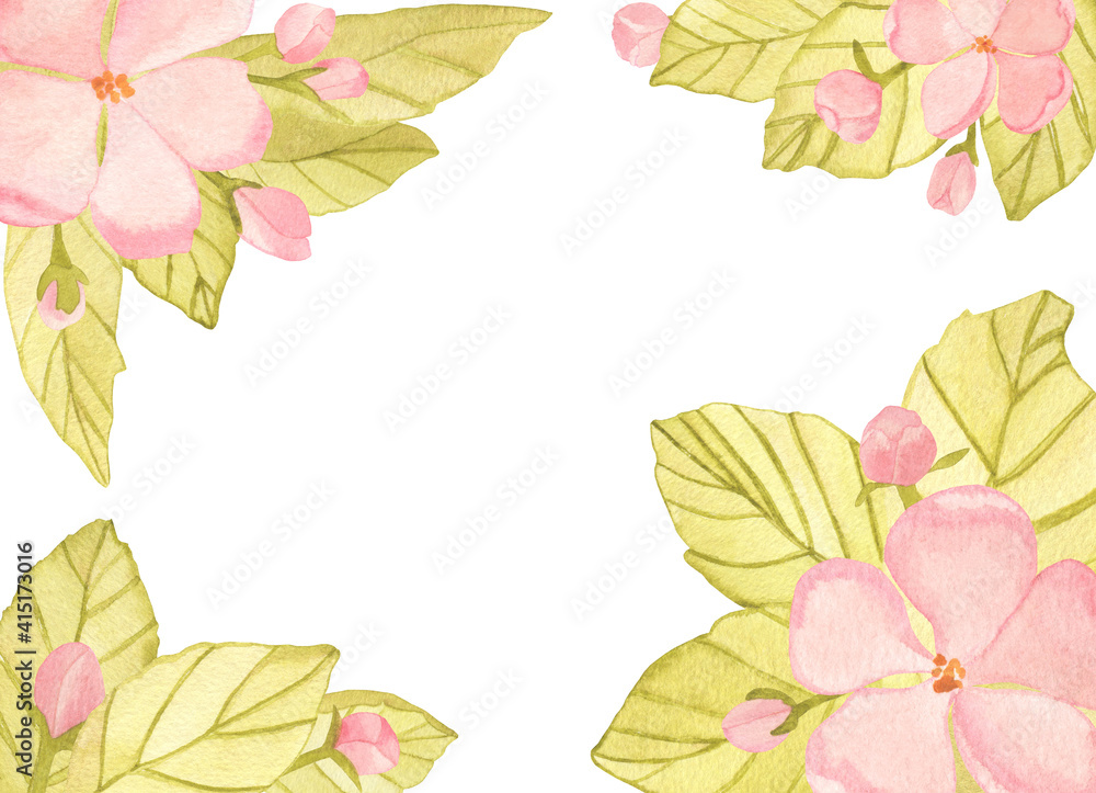 Fototapeta premium Delicate frame with pink watercolor apple blosom in corner and leaves