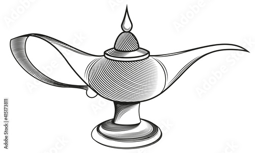 Magic lamp in engraving style. Antique black and white object.
