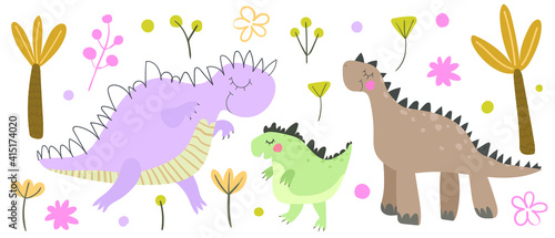 Set of cute flat dinosaur, Illustrations of dino  for children, Dino cartoon characters isolated on white background, Dinosaur era vector