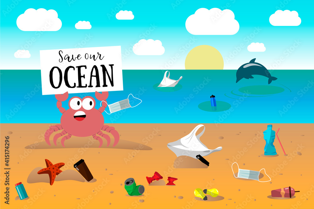 Cartoon crab holding inscription Save Our Ocean. Sandy beach and ocean in trash. Environmental pollution. Stop plastic