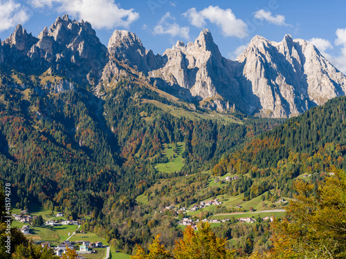 Villages Sarasin and Pongan in the Veneto under the peaks of the mountain range Pale di San Martino, part of UNESCO World Heritage Site.
