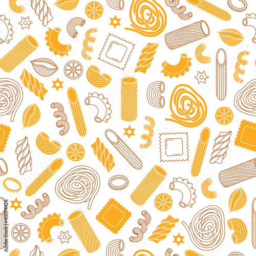 The vector seamless pattern with different types of italian pasta. Line art.