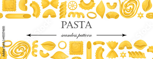The vector seamless pattern with different types of italian pasta.