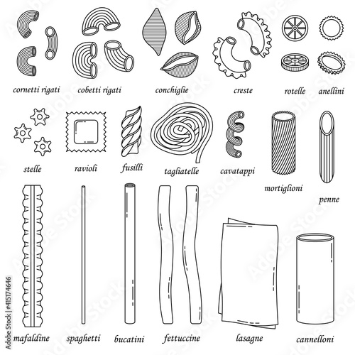 The vector set of different types of italian pasta. Line art and simple style