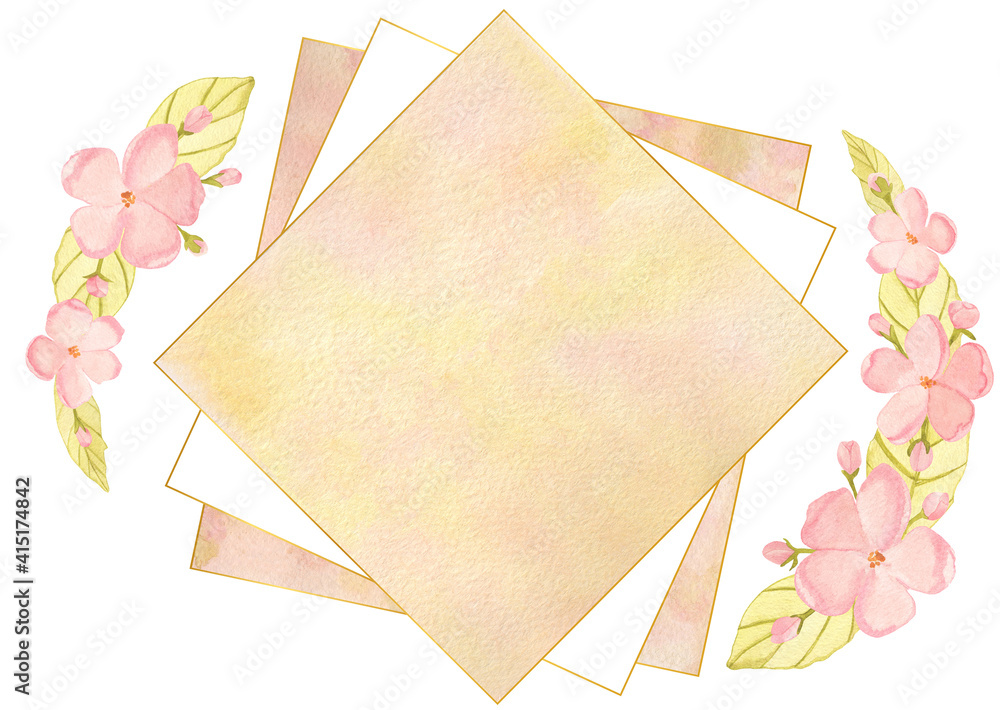 Delicate square pink frame with watercolor apple blosom, leaves and buds Delicate square pink frame with watercolor apple blosom, leaves and buds