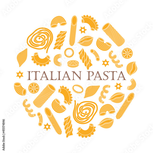 The vector illustration with different types of italian pasta. Line art and simple style