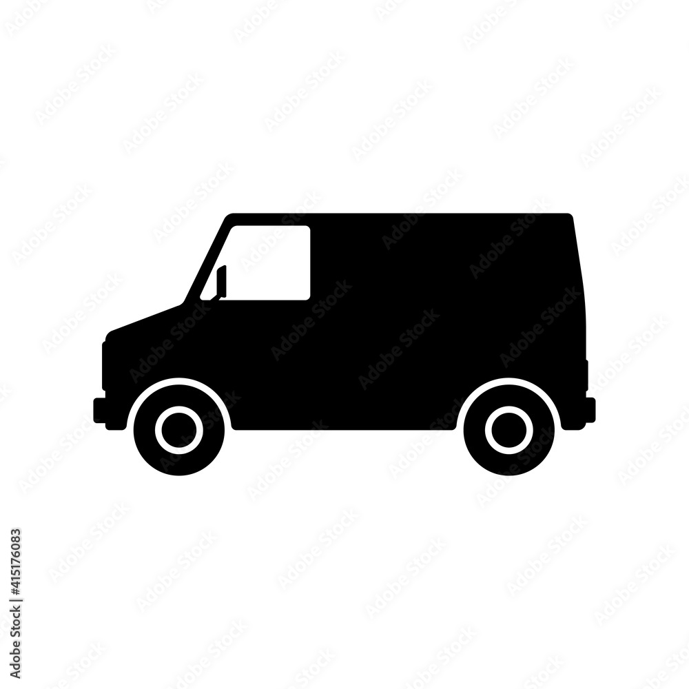 Van icon. Black silhouette. Side view. Vector flat graphic illustration. The isolated object on a white background. Isolate.