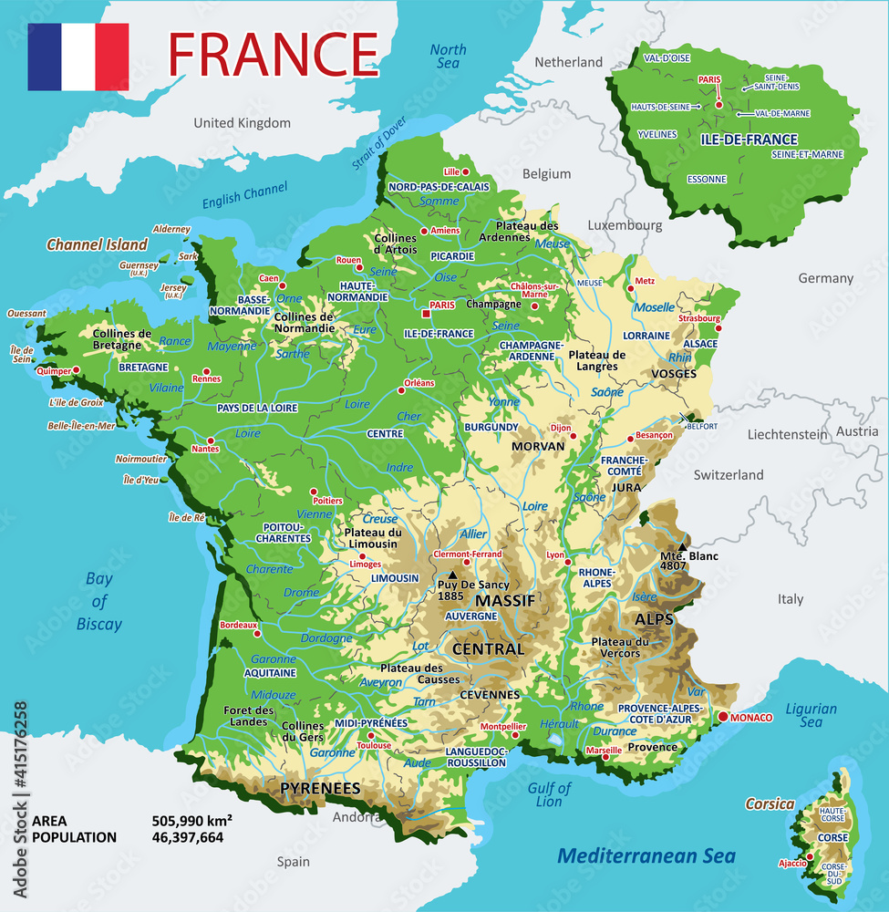 France Physical Map Highly Detailed Physical Map Of France In Vector ...