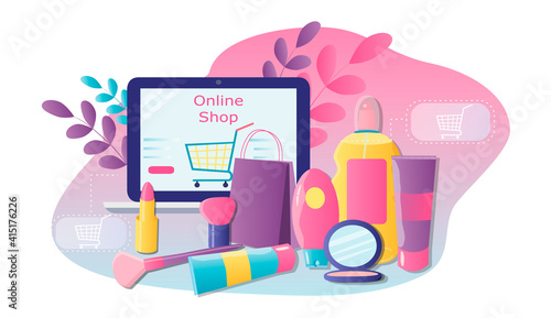 vector hand drawn illustration on the theme of online cosmetics store. care and decorative cosmetics and a laptop. flat trend illustration for magazines, website and application banner