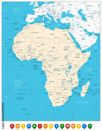 Africa highly detailed map and colored map pointers