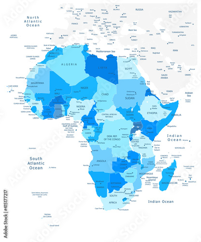Highly detailed political map of Africa in blue colors