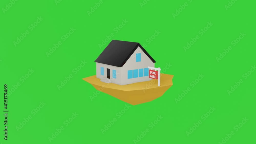 House for sale 3d green screen rendering animation with empty space for your own text. House and sign falling down from above. House for sale 3d green screen rendering animation with empty space for your own text. House and sign falling down from above.