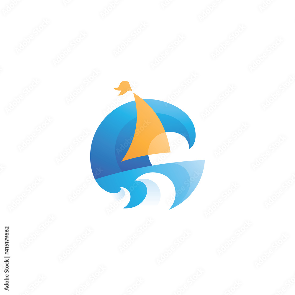 Fototapeta premium Boat Sail and Curl Water Wave Logo