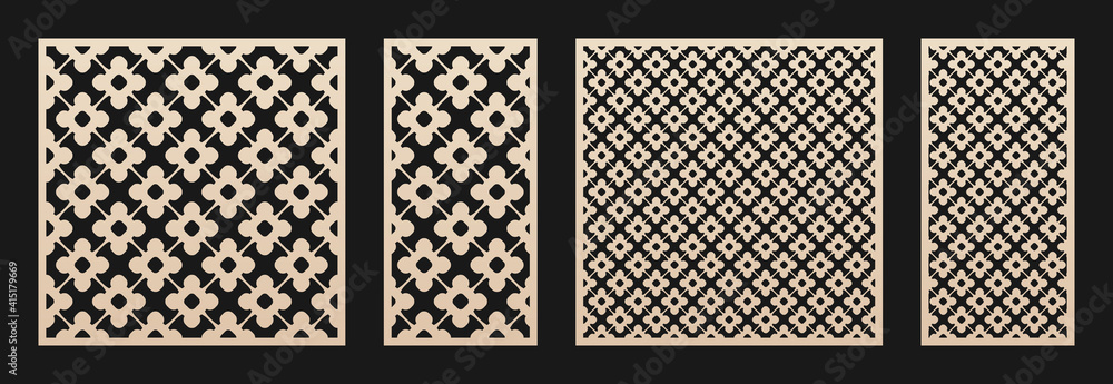 Laser cut pattern set. Vector design with elegant geometric ornament in Oriental style, abstract floral grid. Template for cnc cutting, decorative panels of wood, metal, paper. Aspect ratio 1:1, 1:2