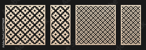 Laser cut pattern set. Vector design with elegant geometric ornament in Oriental style, abstract floral grid. Template for cnc cutting, decorative panels of wood, metal, paper. Aspect ratio 1:1, 1:2