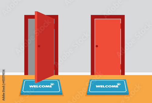 Front view open and closed red entrance doors. Doormat in front door. House threshold. Element of home decor, front view. Carpet with the welcome text. Greeting and invitation to come in. 