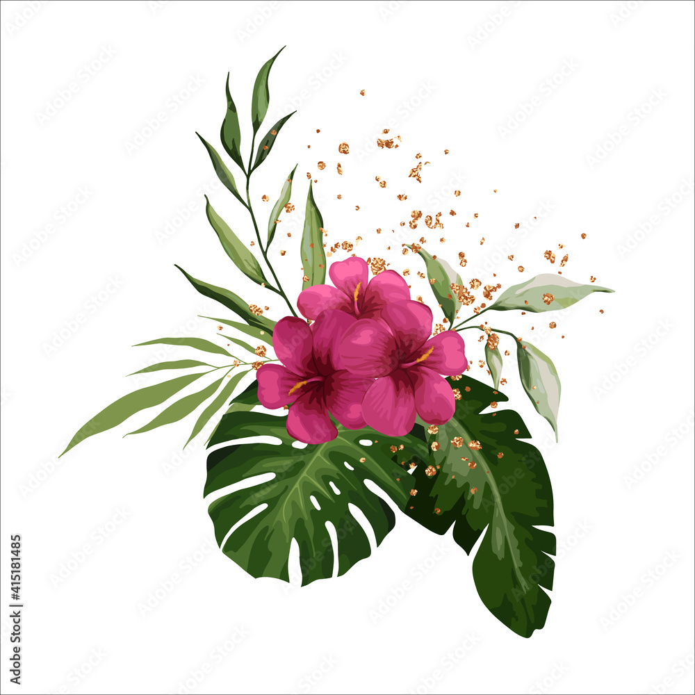 Bouquet with hibiscus, tropical exotic leaves of palm, banana, monstera isolated on white background. Gold splashes of decoration. Vector floral illustration. Realistic Plant Composition Bouquet with hibiscus, tropical exotic leaves of palm, banana, monstera isolated on white background. Gold splashes of decoration. Vector floral illustration. Realistic Plant Composition