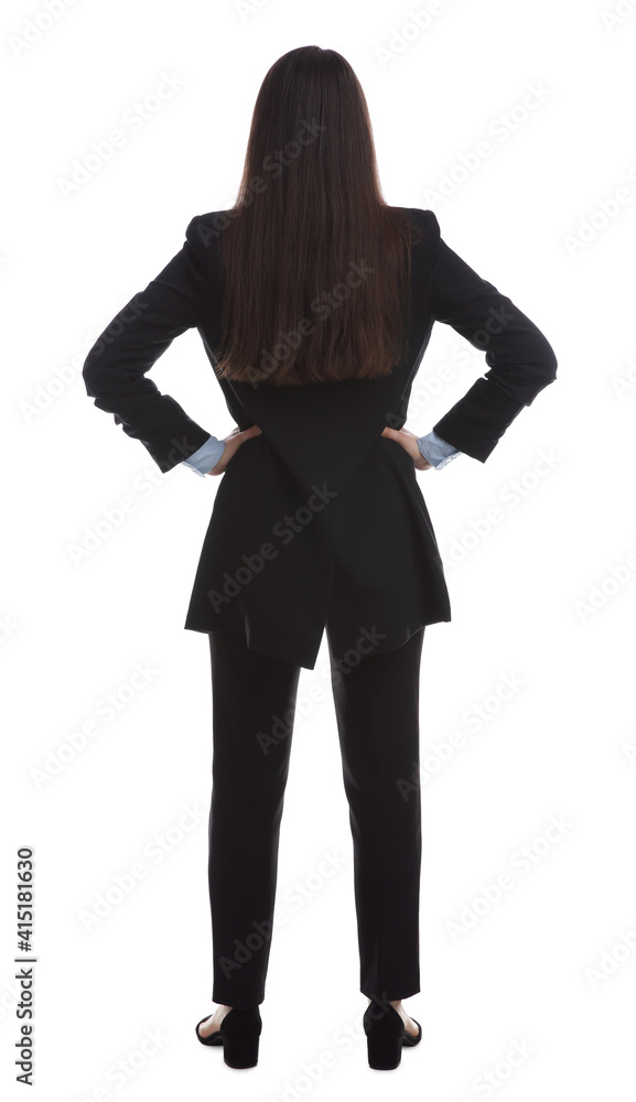 Fototapeta premium Young businesswoman in elegant suit on white background, back view