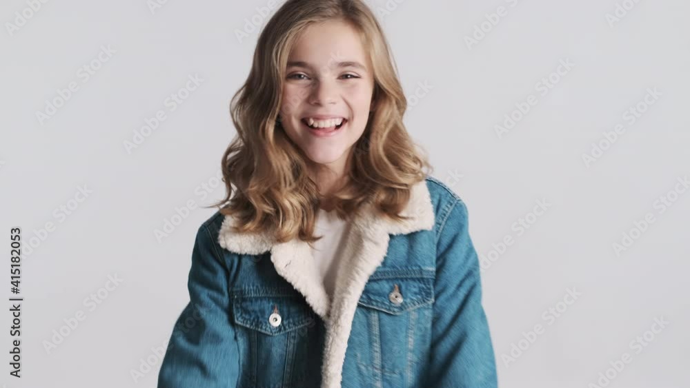 Pretty cute blond teenage girl spread hands and give hug at camera waving hello to friend isolated on white background. Come to me, I want to embrace you expression Pretty cute blond teenage girl spread hands and give hug at camera waving hello to friend isolated on white background. Come to me, I want to embrace you expression