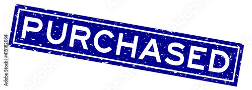 Grunge blue purchased word square rubber seal stamp on white background